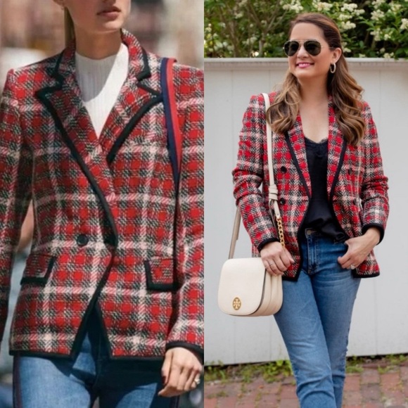 Veronica Beard Jackets & Blazers - VERONICA BEARD Harriet Plaid Cutaway Tweed Dickey Blazer Red Sz 2